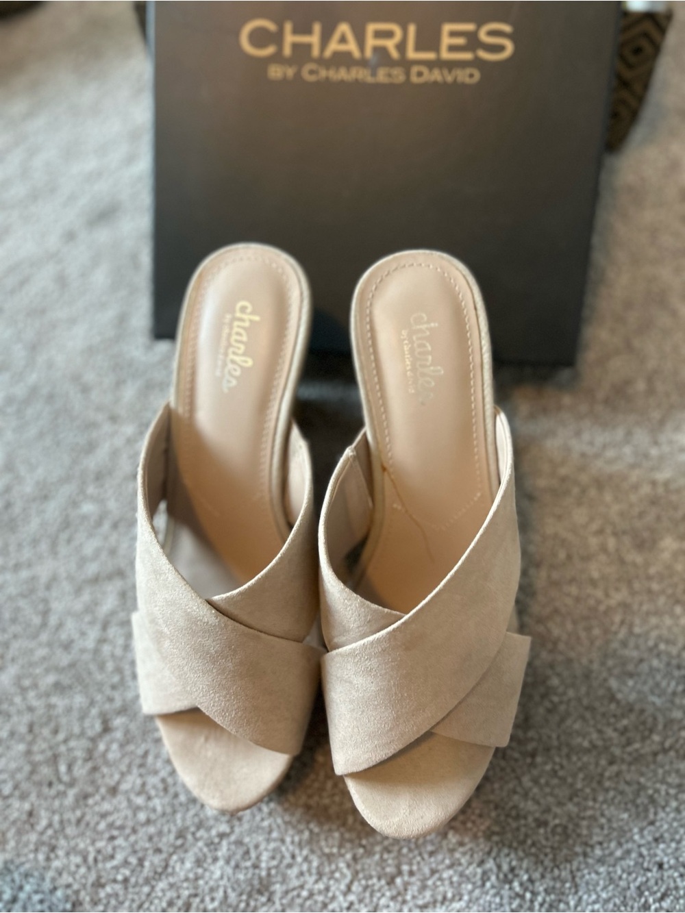 Charles David Taupe Suede Crisscross Slide Mules